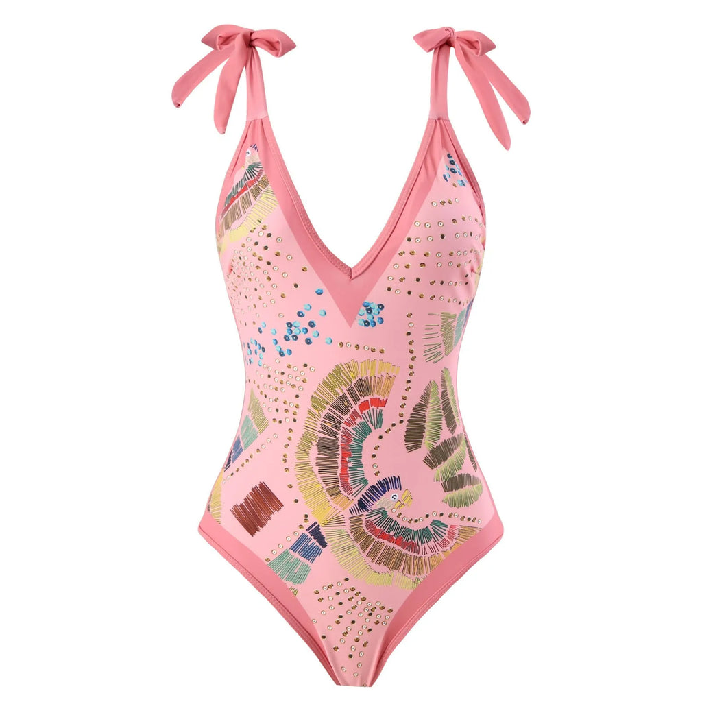 Women's blue French retro one-piece swimsuit with matching gauze skirt on beach