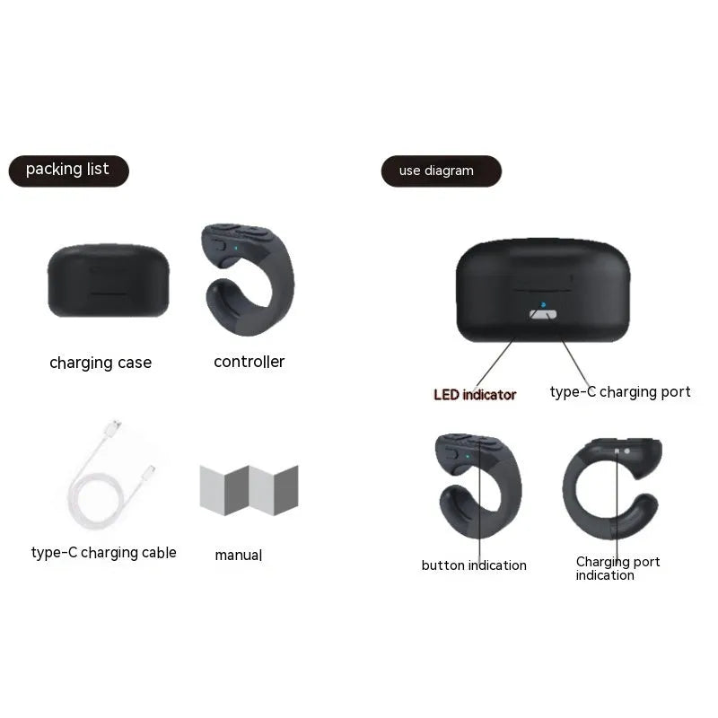 Black plastic Bluetooth remote control for phone photography with charging compartment