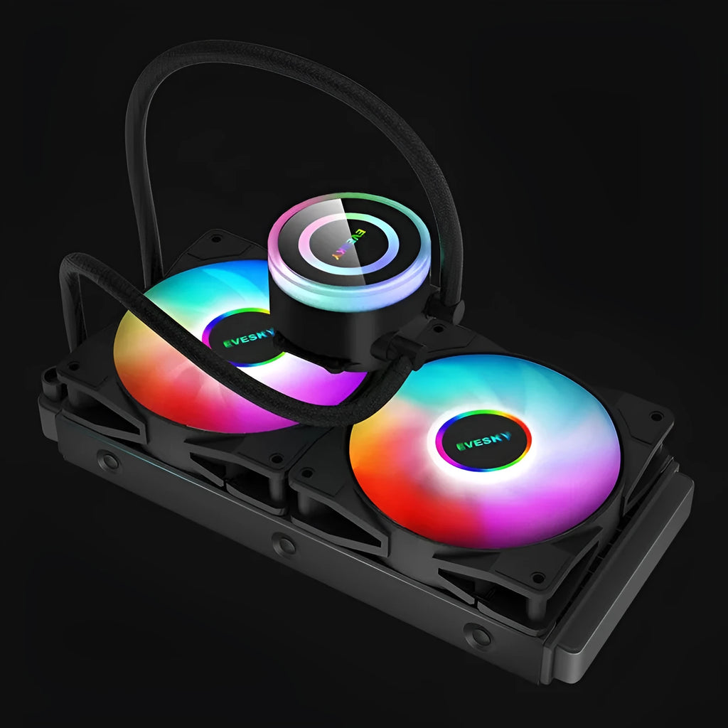 CPU radiator fan with RGB lighting in 120mm, 240mm, and 360mm sizes for gaming PC cooling