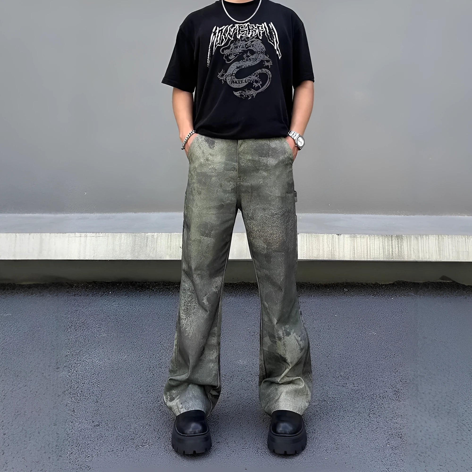 Men's straight leg jeans with a digital camouflage print in picture colour.