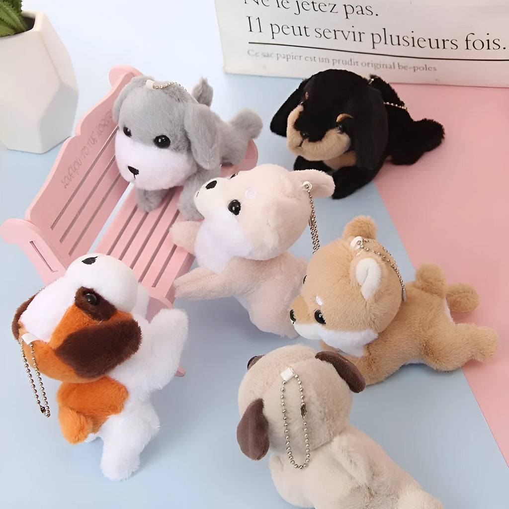 Simulation puppy plush toy pendant in camel colour, 10cm height, with keyring loop