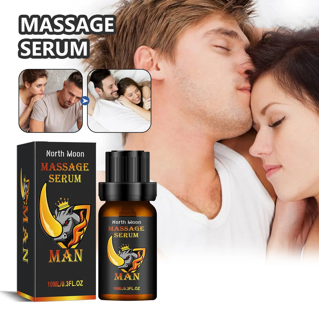 10ml bottle of men's massage essential oil with mineral oil, jojoba, ginger and cocoa butter