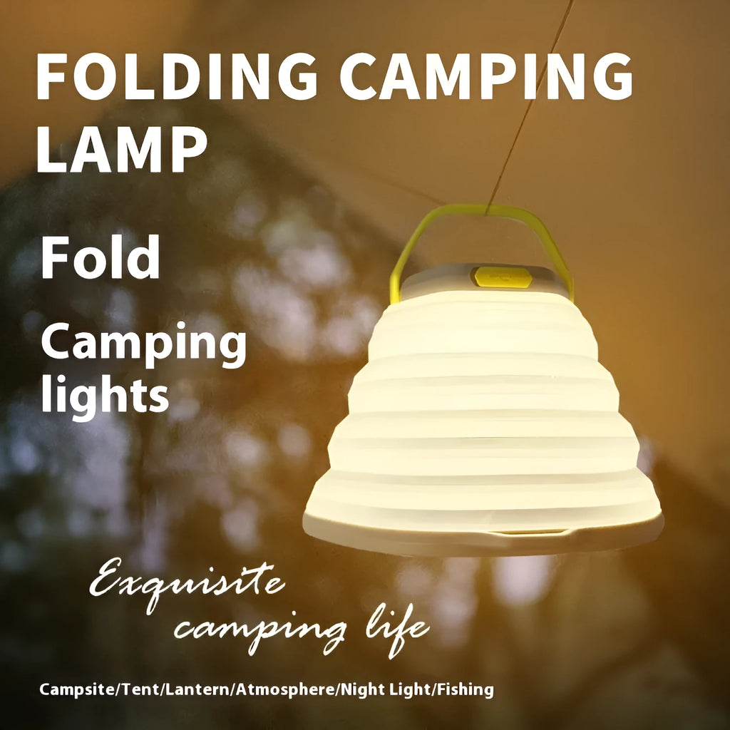 White portable camping lamp with single control button for tent lighting