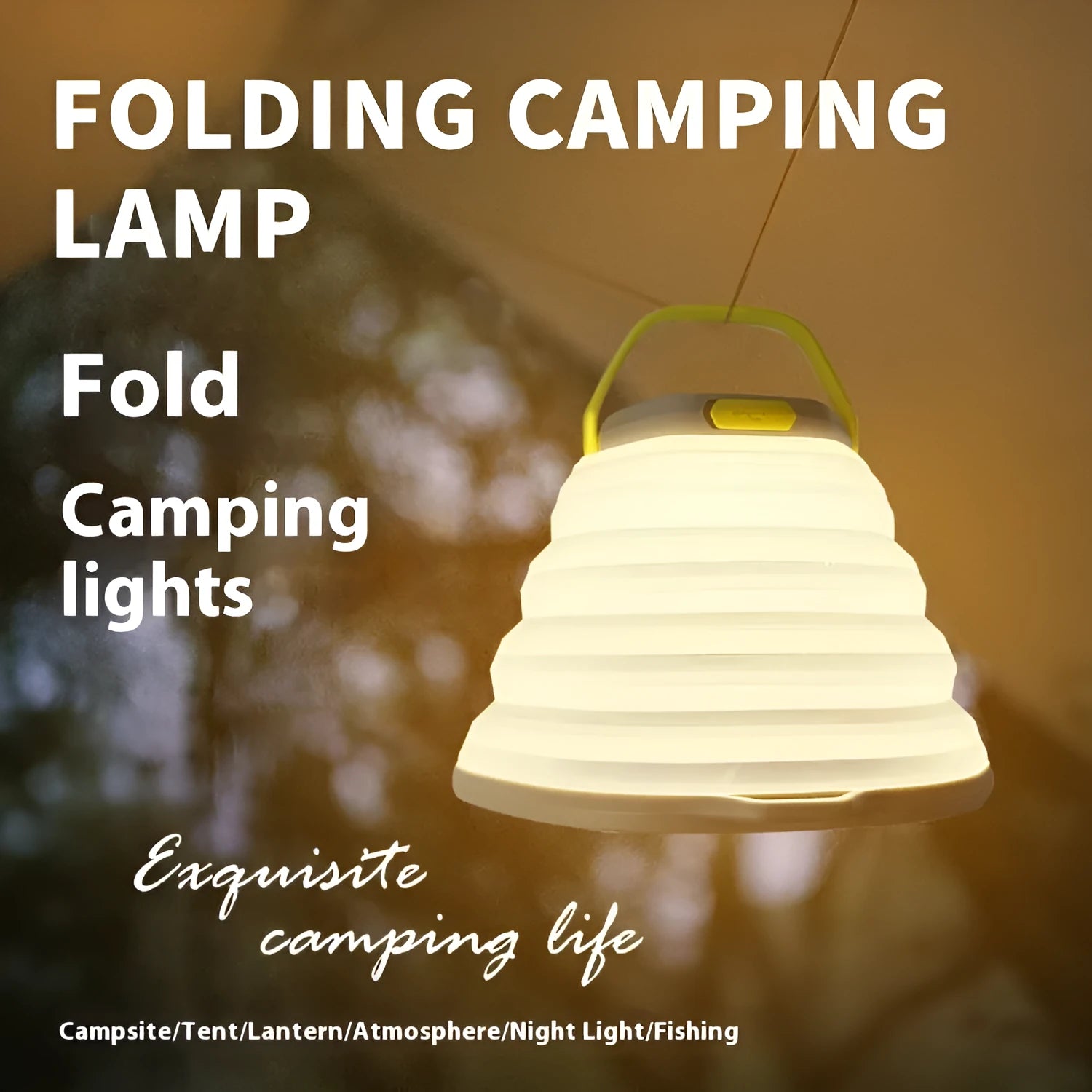 White portable camping lamp with single control button for tent lighting