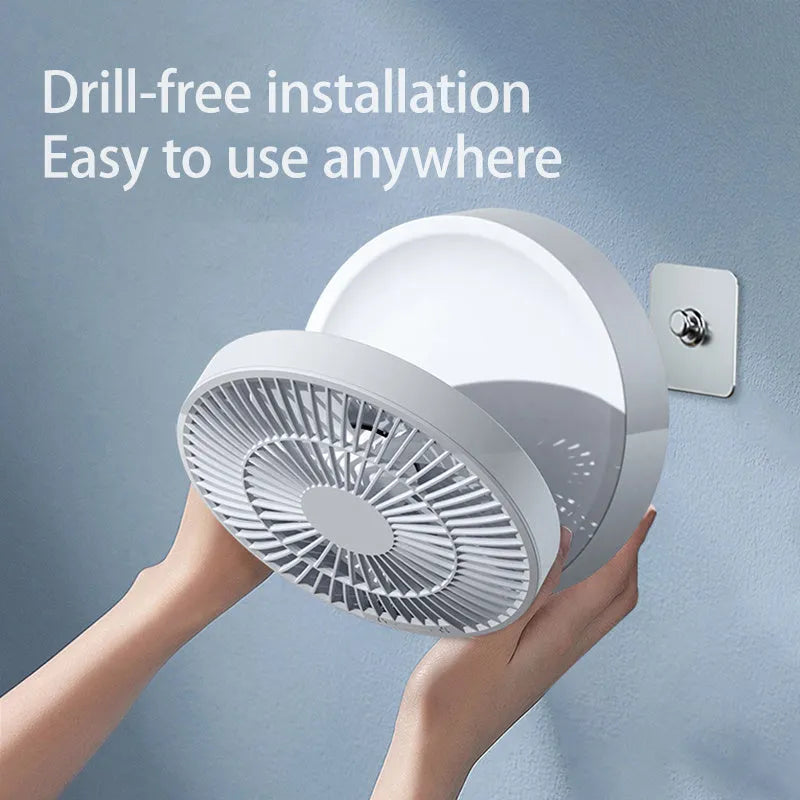 White portable rechargeable folding fan with remote control and night light shown in desktop and wall-mounted positions