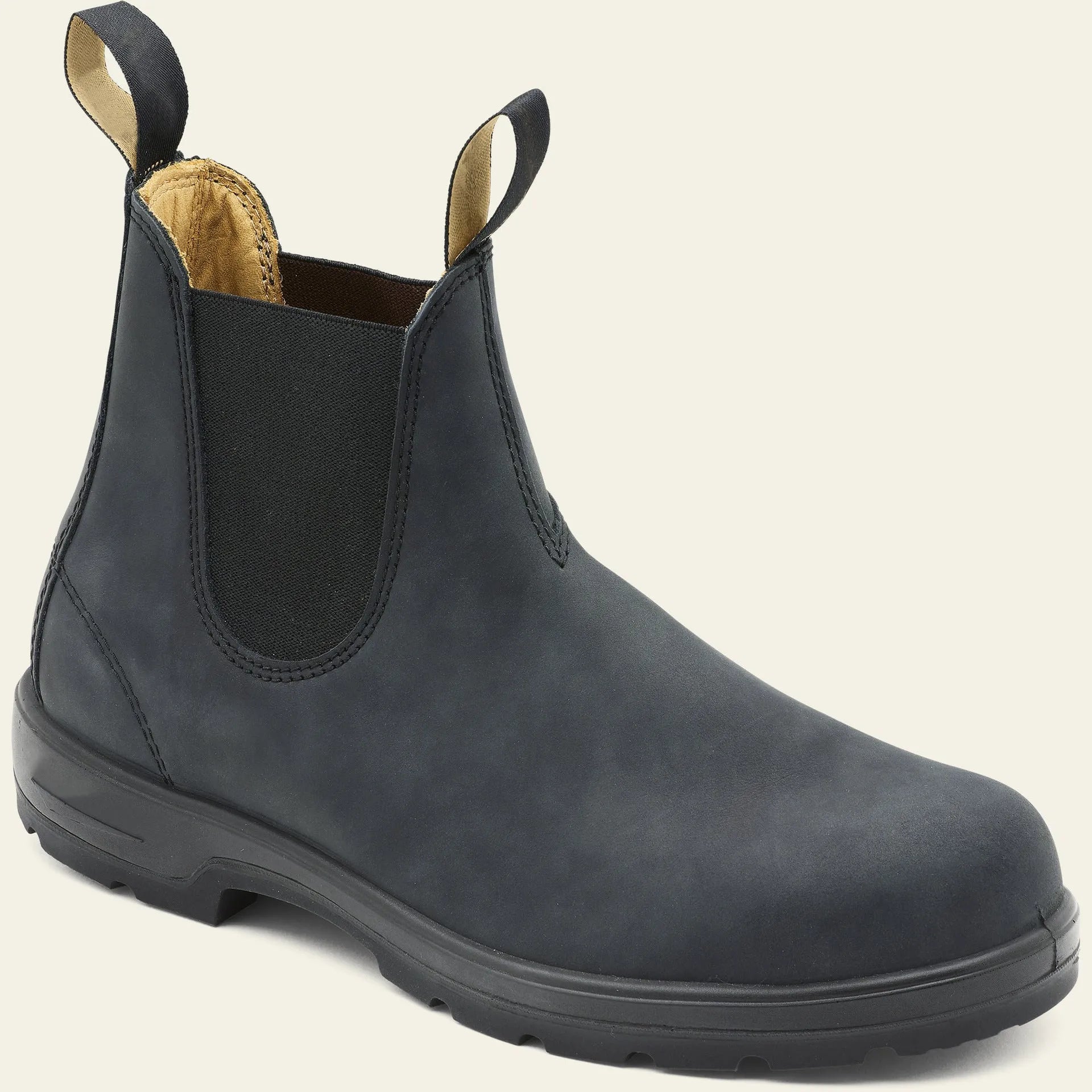 Vintage unisex Chelsea boots with frosted PU upper and car suture detail in multiple colours.