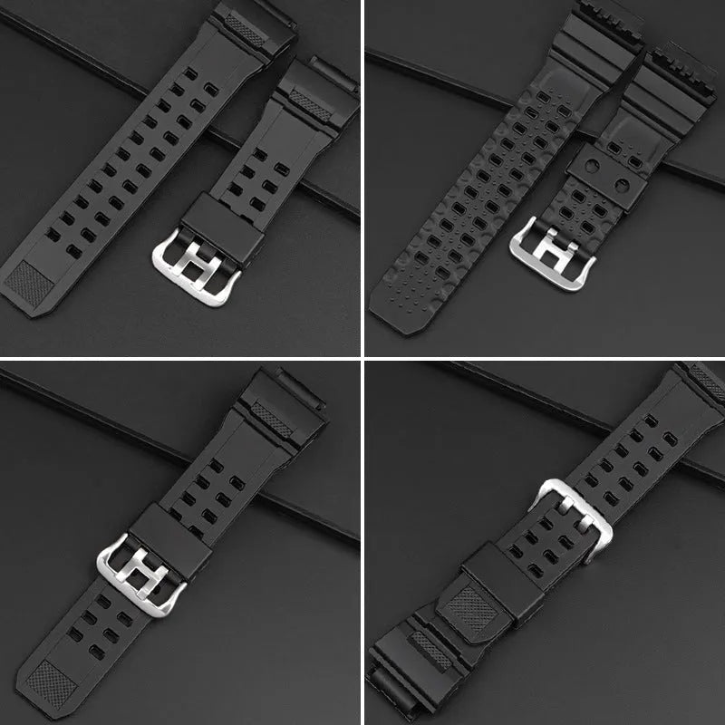 Camouflage pattern TPU rubber watch strap with silver buckle on a grey background.