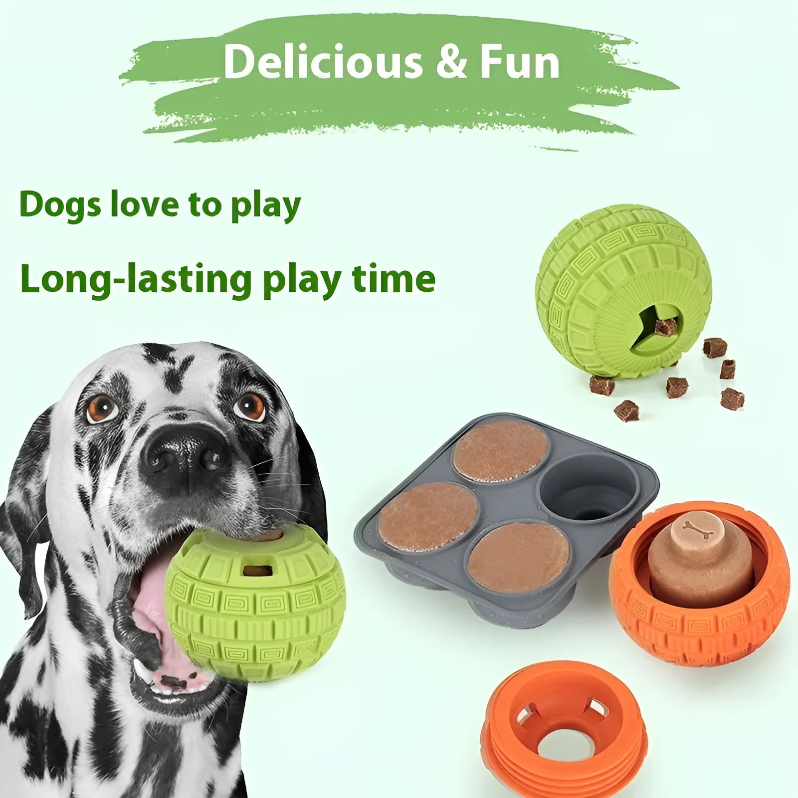 Green natural rubber dog dropping ball toy with textured surface, 14x10x10 cm size