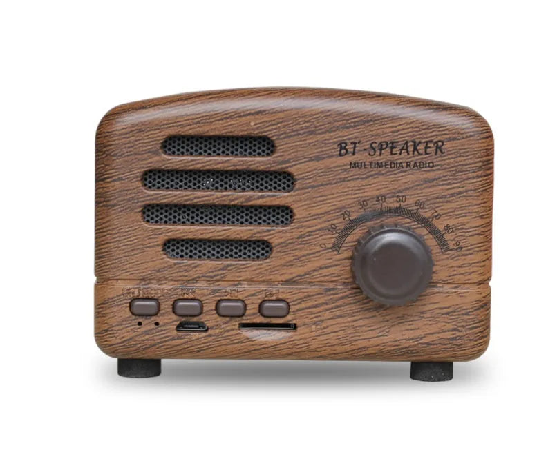 Compact portable Bluetooth speaker with a vintage wood grain finish on a plastic shell