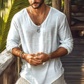 Beige slim fit V-neck long-sleeved pullover T-shirt made from hemp blend fabric