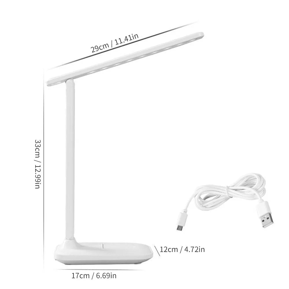 White plastic bedside table lamp with touch dimming and USB charging port.