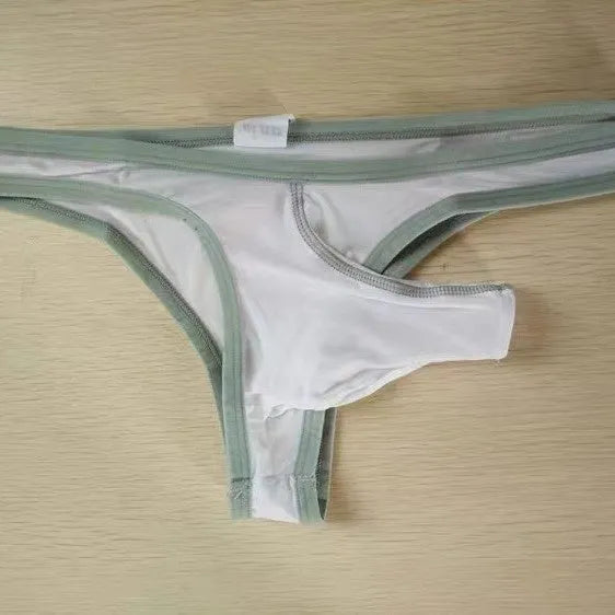 Men's ice silk fabric briefs shown in multiple colours including white, black, and army green.
