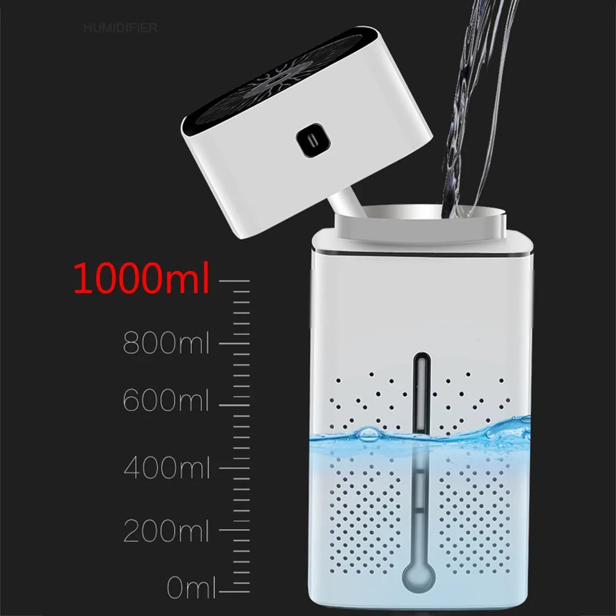 Black or white desktop humidifier with 1000ml capacity and USB power connection for home office use