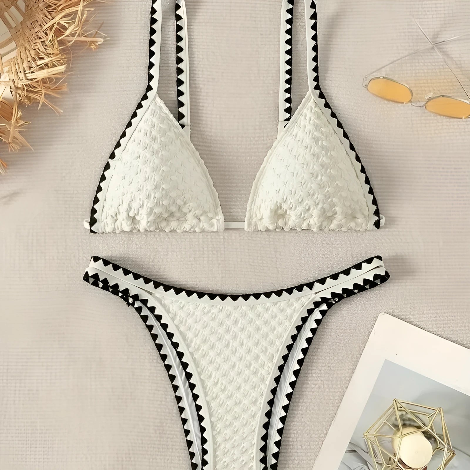 Women's sexy split bikini swimsuit in white or blue colour with brief style design