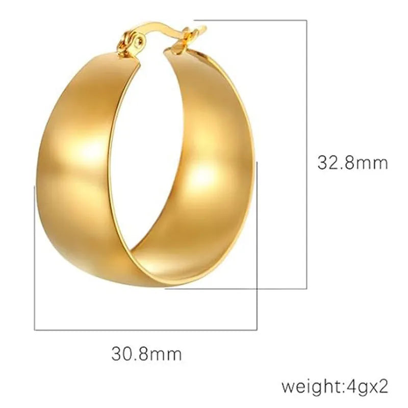 Curved widened stainless steel earrings with titanium steel in gold or steel colour, 25mm or 30mm sizes