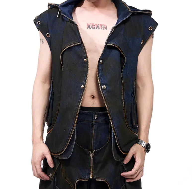 Blue Korean-style hooded denim vest coat with matching trousers, zippered front closure