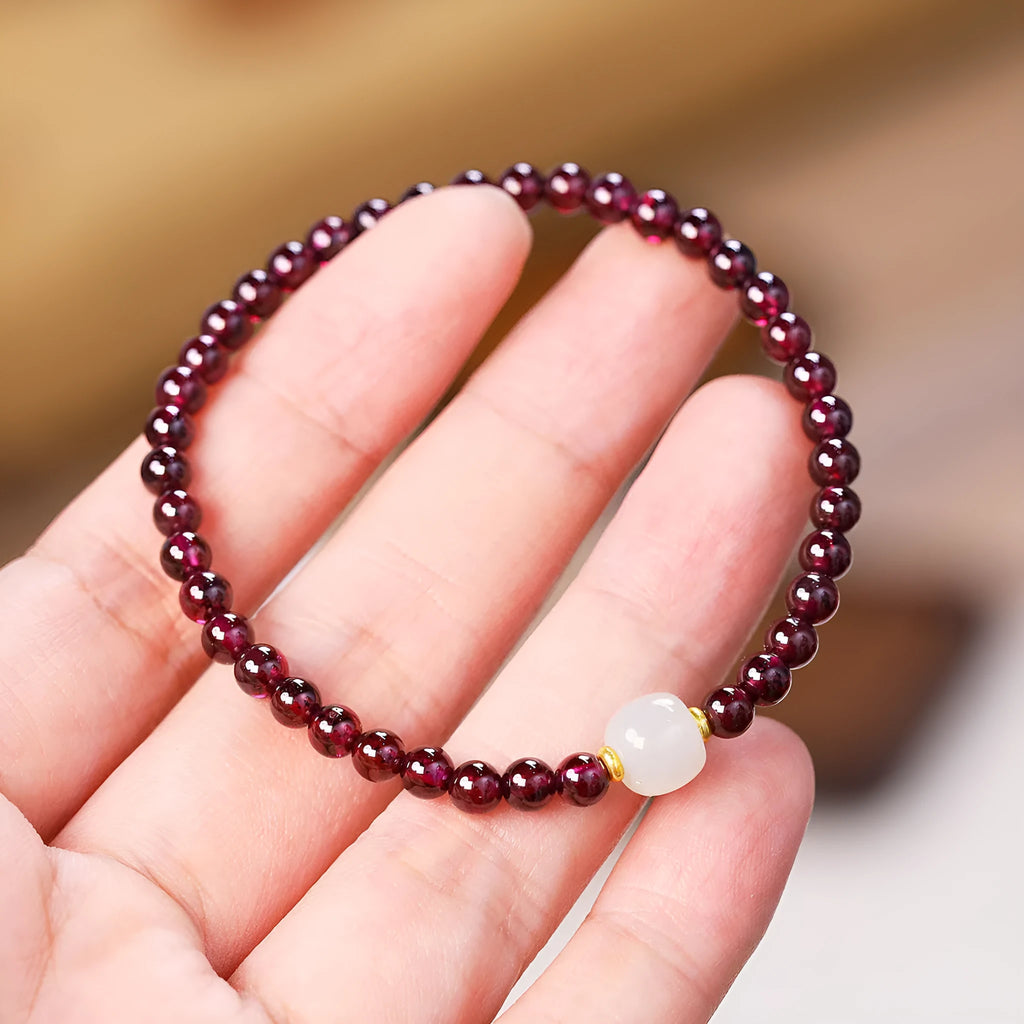 Women's garnet bracelet with U-shaped 18mm size and polished beads in 4mm or 6mm diameter options