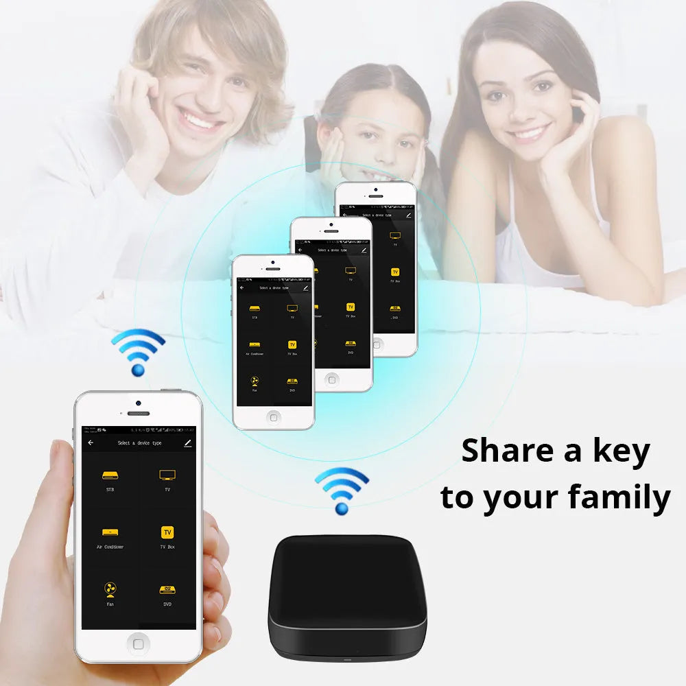 Black universal infrared remote control with voice command, WiFi connectivity, and temperature humidity sensors.
