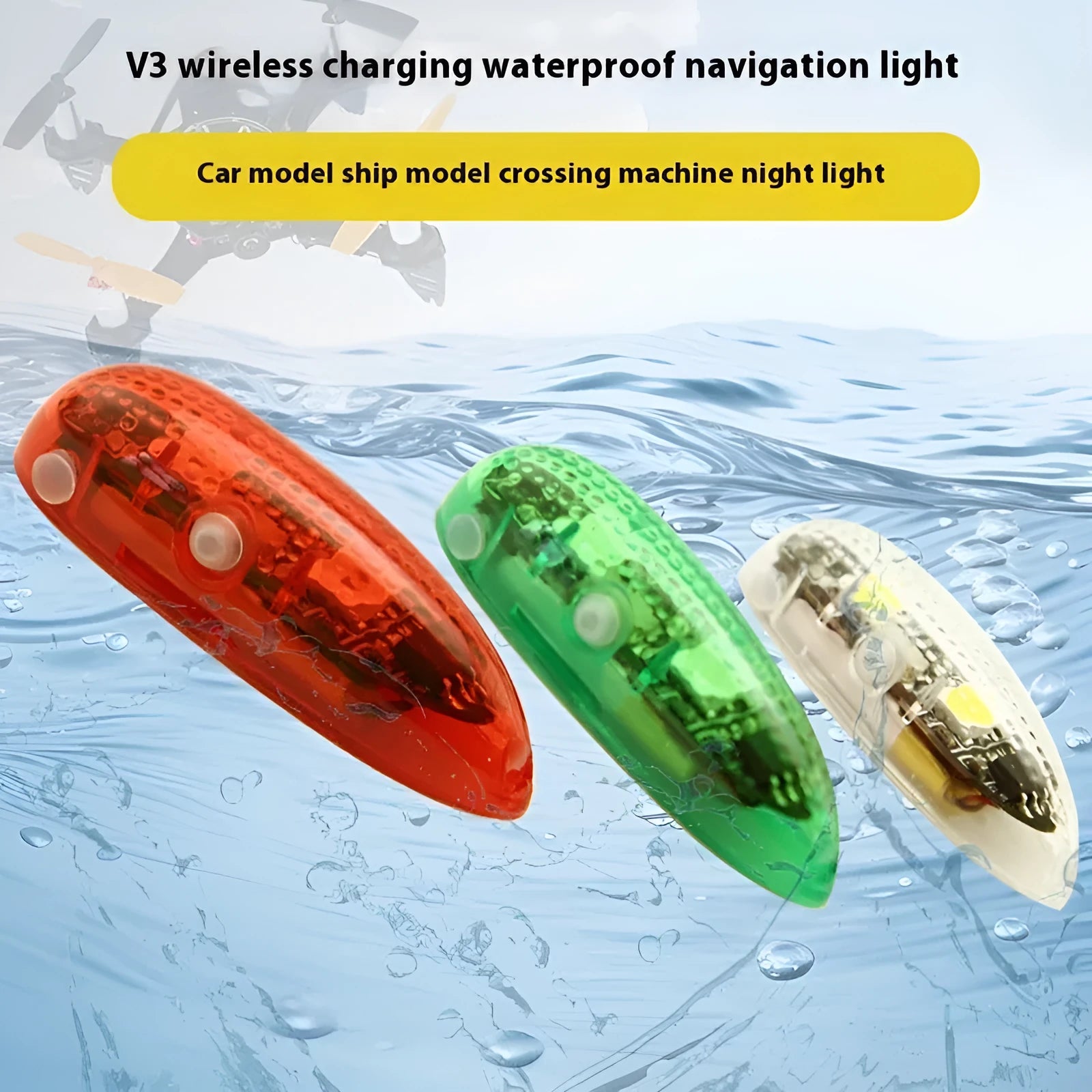 V3 Wireless Charging Waterproof Navigation Light unit for RC car, ship and aircraft models, showing compact size.