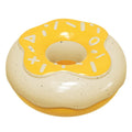 Pink, yellow, and chocolate coloured TPR donut-shaped dog toy with a squeaker.