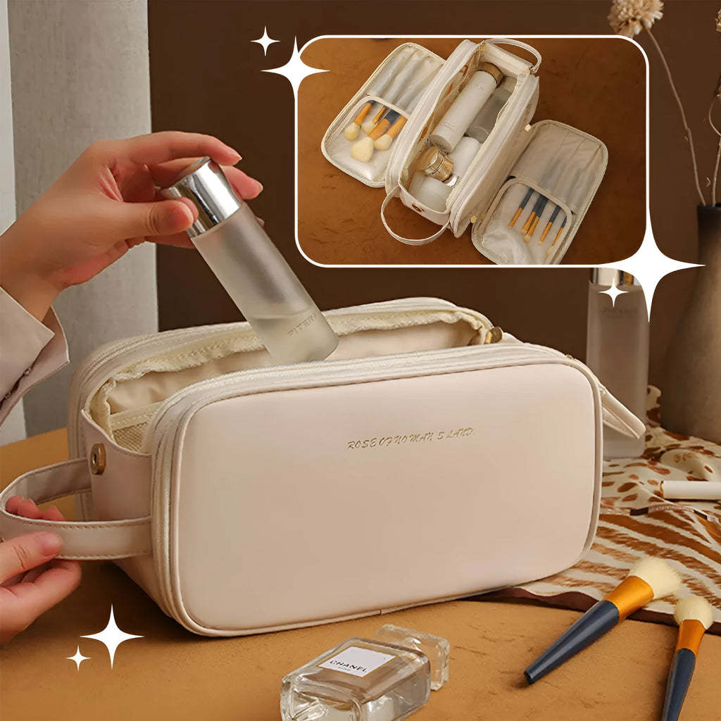 Three-layer double zipper U-shaped cosmetic bag in PU leather for make-up storage