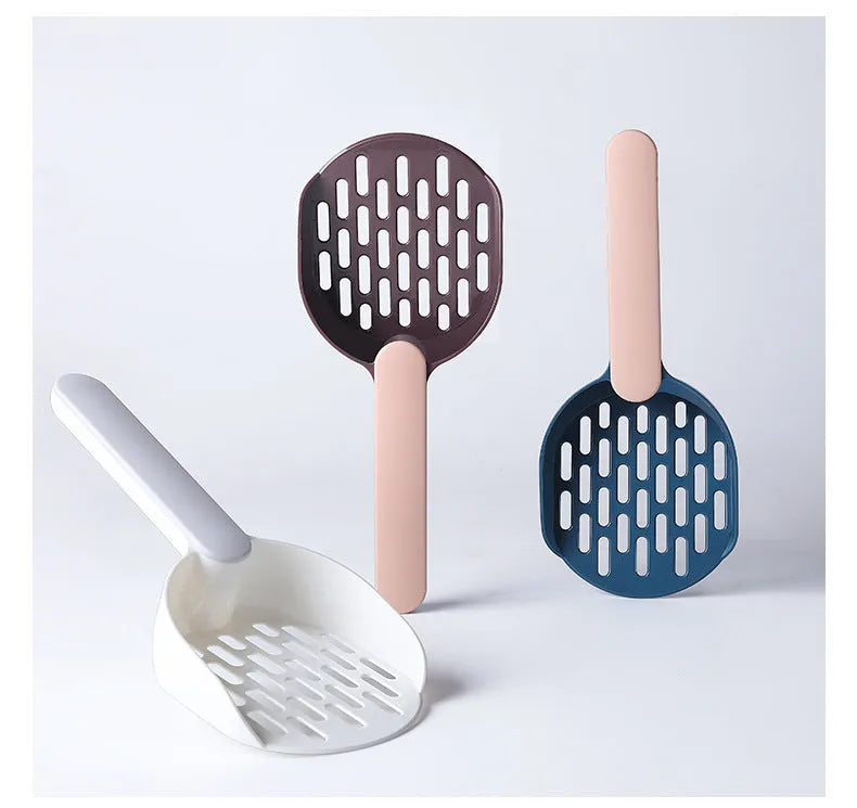 A blue plastic cat litter scoop with sifting holes on a white background.