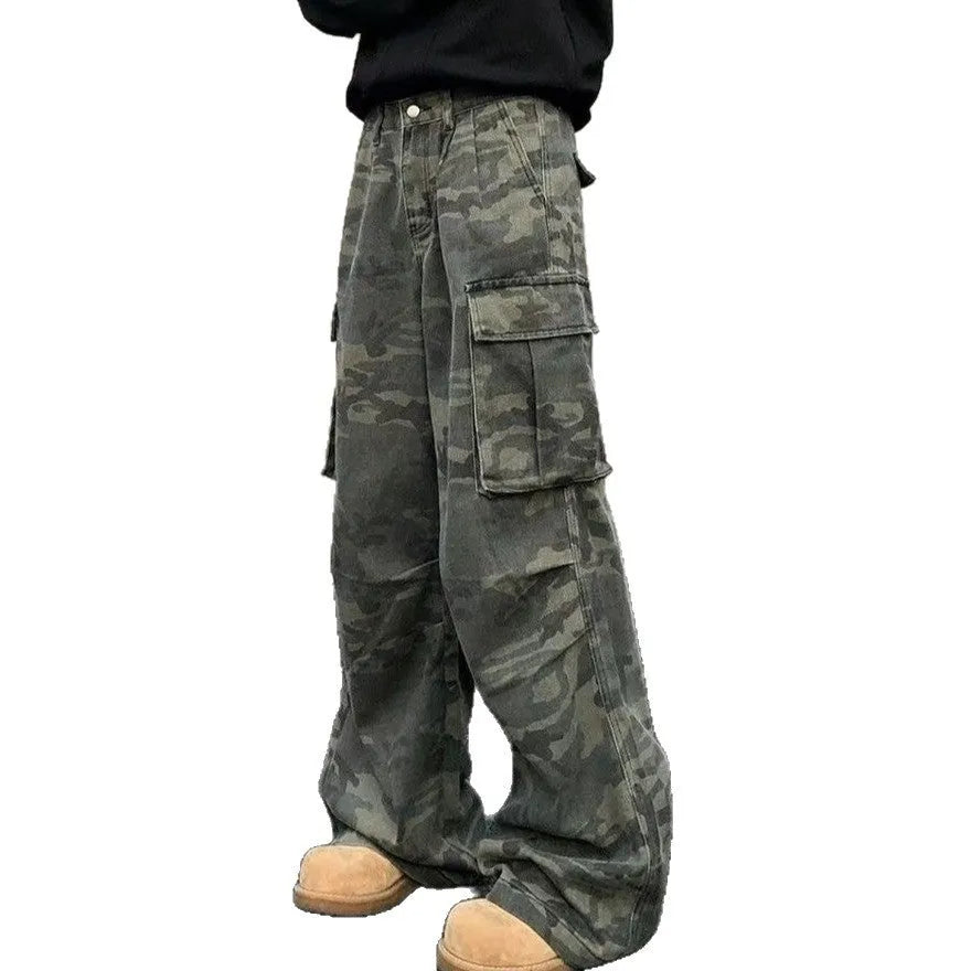 Korean style mid waist camouflage cargo trousers with multiple pockets on a mannequin.