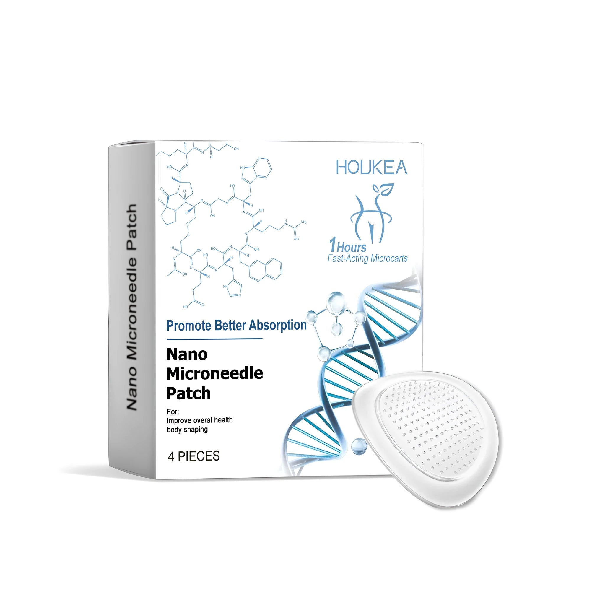 Four nano microneedle skincare patches in a set with herbal ingredients including paeonia lactiflora and cinnamon oil.