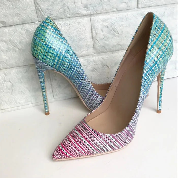 Women's pink and blue gradient patent leather pointed toe stiletto heels on a white background.