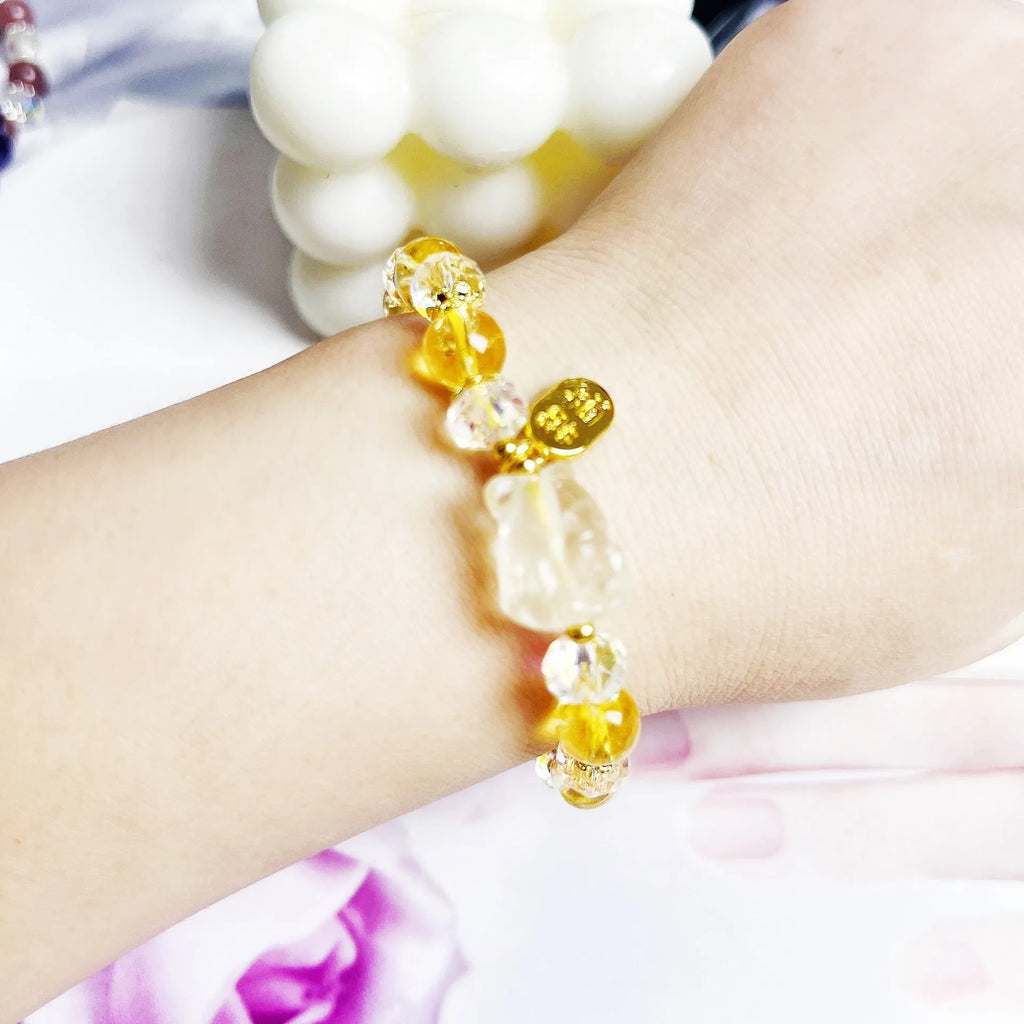 Original design natural citrine bracelet with detailed silver nine-tail fox charm for women