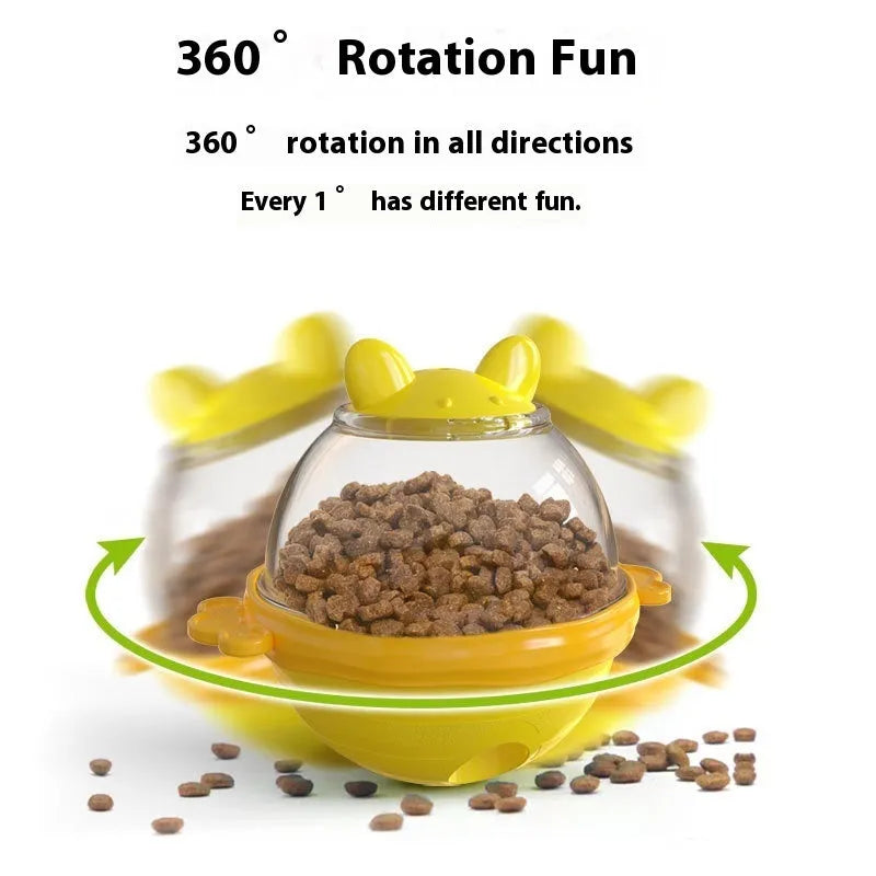 Yellow TPR dog puzzle feeder tumbler toy with non-slip base for slow feeding and mental stimulation