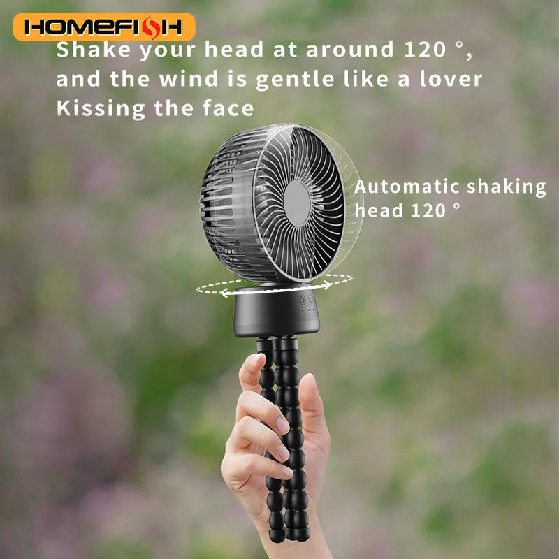 HOMEFISH F2 automatic shake head portable fan with LED light on a removable bracket.