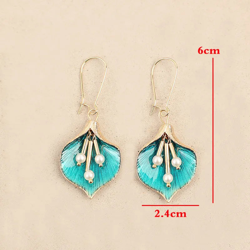 Retro flower earrings for women, alloy electroplated finish, blue and green colour options
