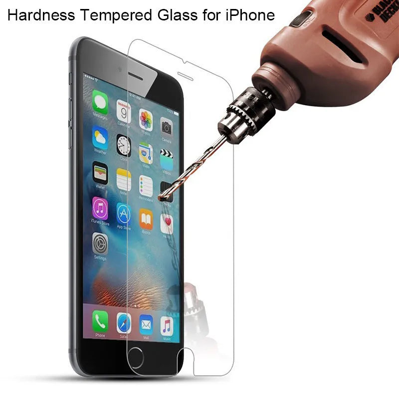 Transparent tempered glass screen protector for iPhone showing anti-fingerprint surface.