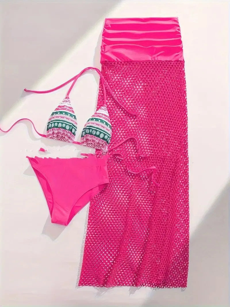 Women's gradient pattern bikini three-piece set with fishnet long skirt in brown colour option