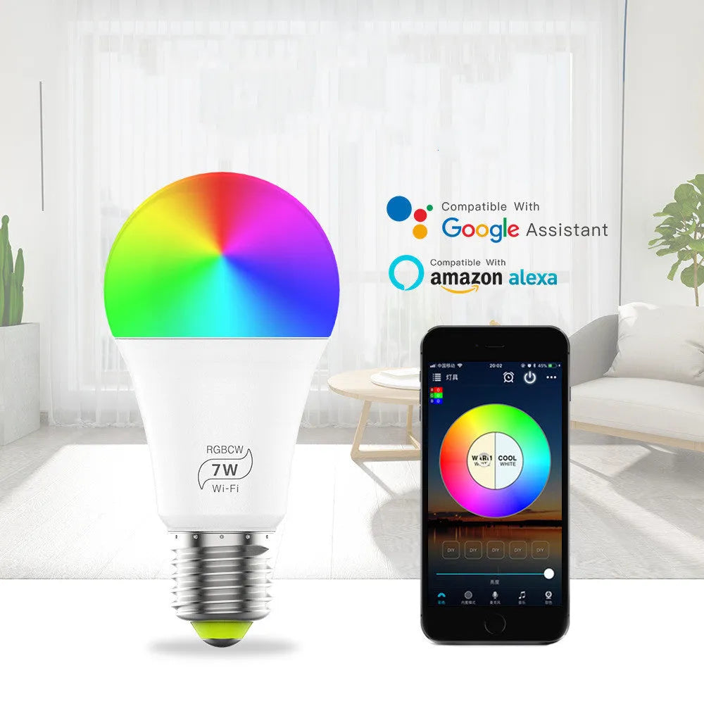 Smart WiFi LED light bulb with colour changing capabilities and voice control support