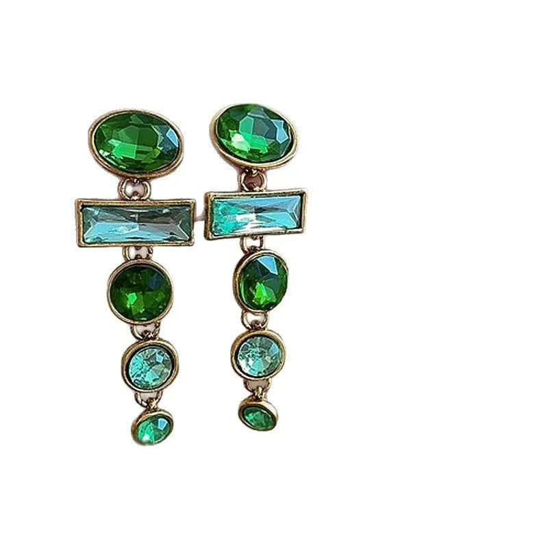 A pair of retro green gradient alloy earrings with a geometric tassel shape and inlaid zircon details.