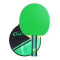 Pure wood table tennis racket with long blue shakehand grip handle and matching blue racket cover.