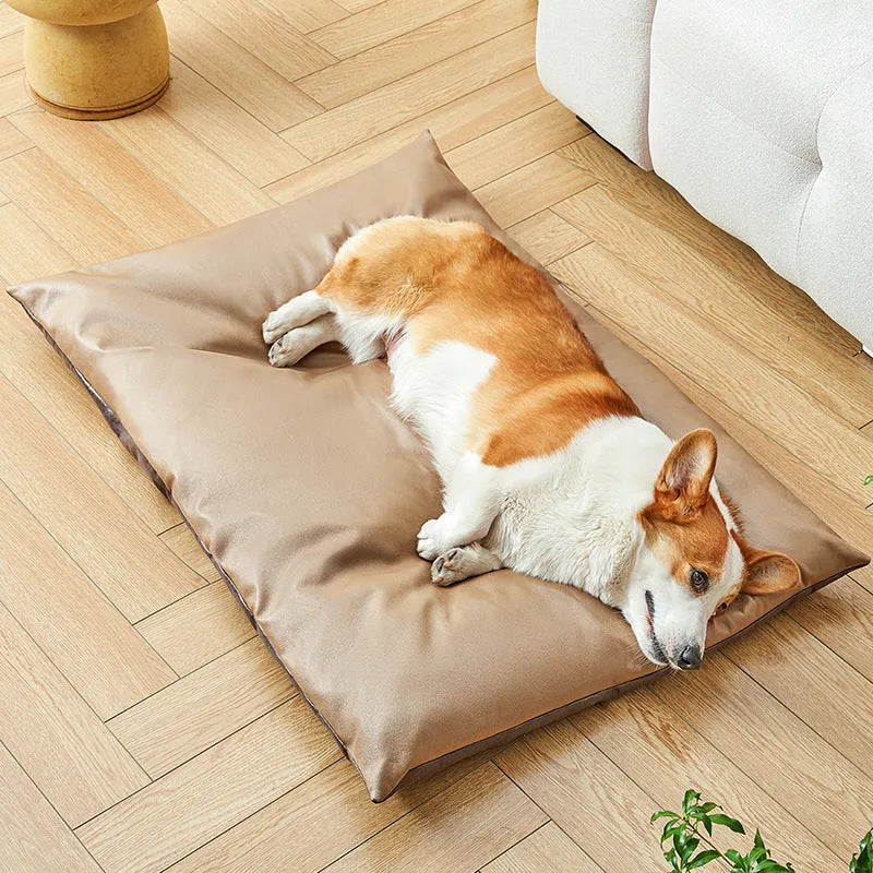 Blue and Coffee coloured pet sleeping mats shown in four different sizes for cats and dogs
