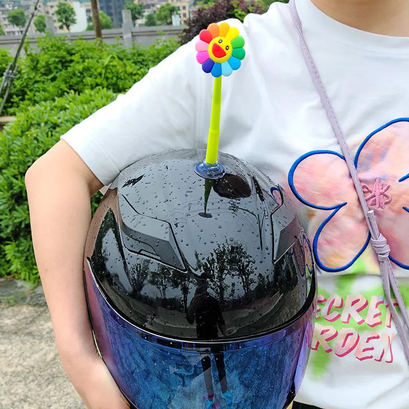 Yellow silicone sunflower decoration with suction cup for helmet attachment