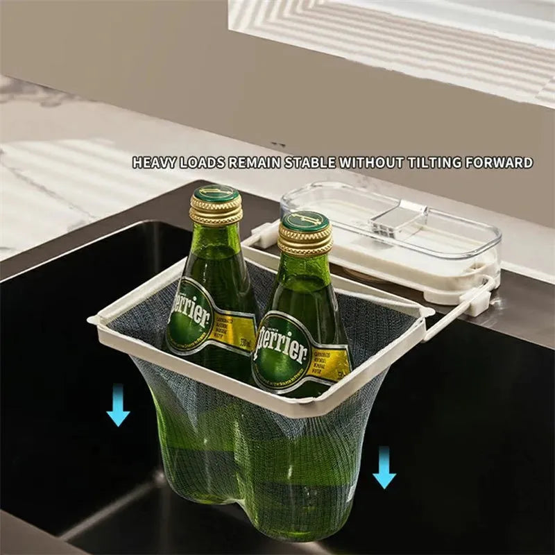 Dark green gold kitchen sink filter rack with suction cups and disposable mesh screen.