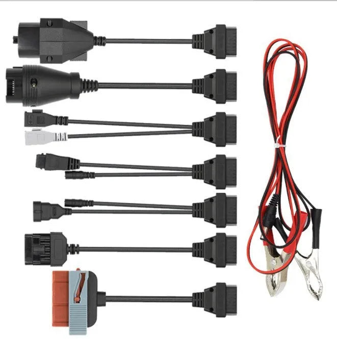 Set of eight auto wire car diagnostic cables for TCS tool on a light background