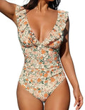 Women's apricot floral v-neck one-piece swimsuit with lace-up front detail, sleeveless design for swimming.
