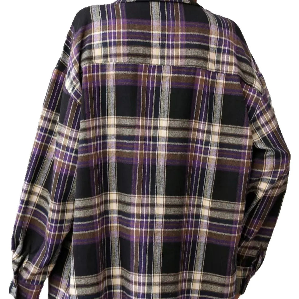 A woman's loose fit cotton plaid shirt in a retro style, shown in a choice of black, green, or purple colours.