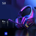 Black wireless Bluetooth headset with RGB lighting accents and over-ear design