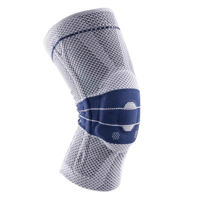 Adult sports knee pad in black and blue, made from nylon and spandex.