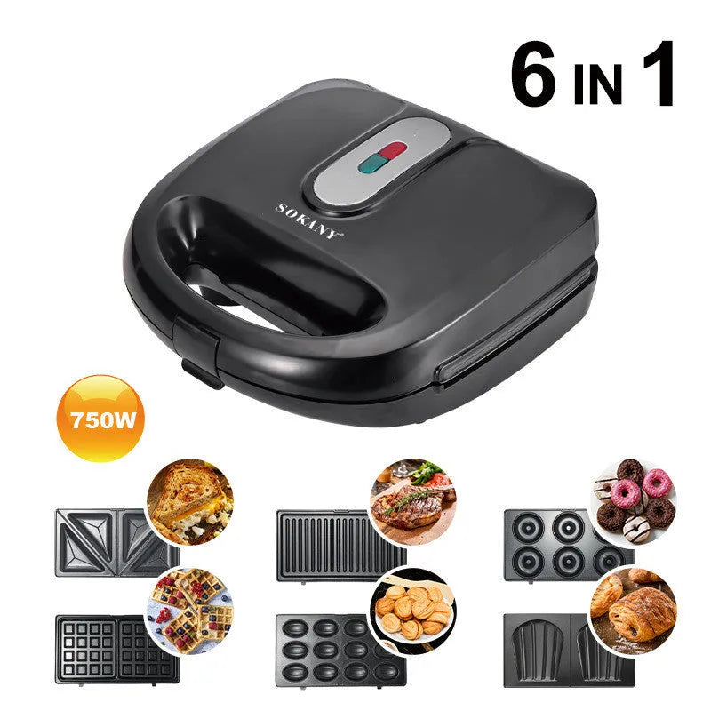 Black double-sided electric sandwich pan with non-stick coating and brushed stainless steel top