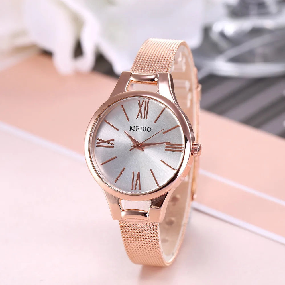 Rose gold round stainless steel mesh band quartz watch for women with pin buckle and analog display