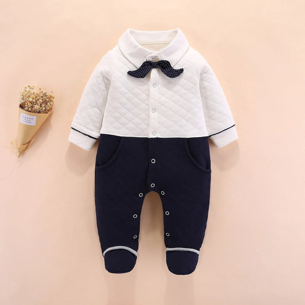 Baby boy gentleman onesie British style cotton long sleeve navy blue