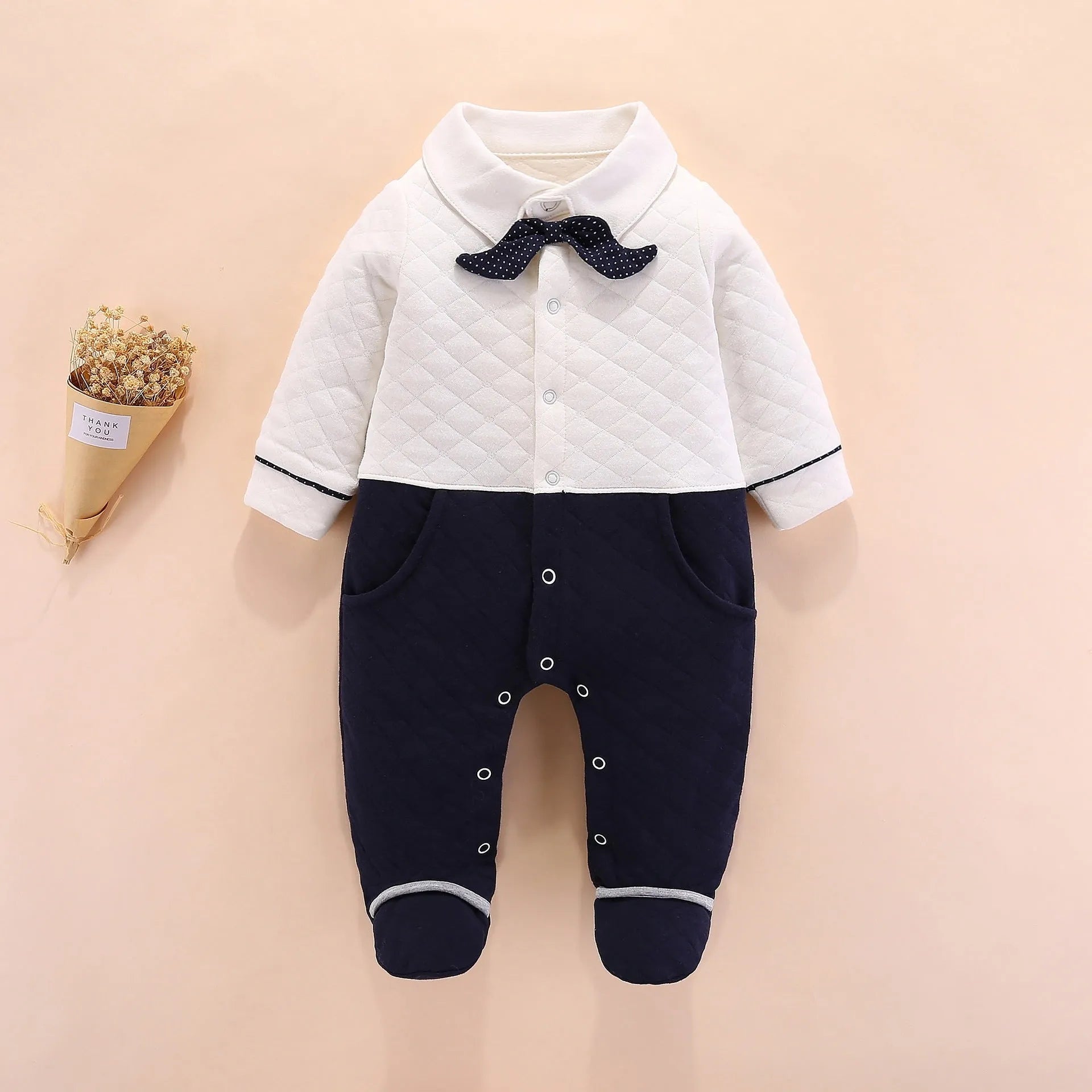 Baby boy gentleman onesie British style cotton long sleeve navy blue